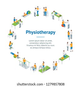 Physiotherapy People Banner Card Circle 3d Isometric View Include of Exercise Rehabilitation Therapy, Patient, Treatment and Doctor. Vector illustration