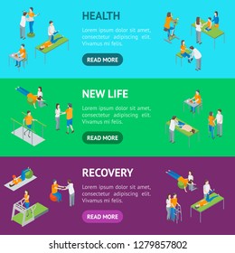 Physiotherapy People Banner Horizontal Set 3d Isometric View Include of Exercise Rehabilitation Therapy, Patient, Treatment and Doctor. Vector illustration
