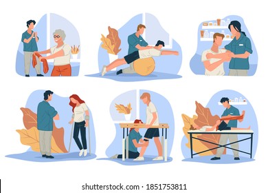Physiotherapy for people with injuries. Giving massage for muscles and training, sportive exercises to help recovering spine and knee. Doctors helping patients to walk, isolated. Vector in flat style
