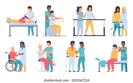 Physiotherapy people. Patients gradual recovery, medical physical workout, rehab and development mobility, strengthening muscles, therapists work in hospital, vector cartoon flat isolated set