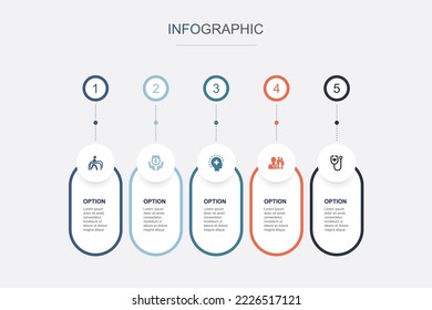 physiotherapy, Prenatal care, Mental health, medical check up, family doctor icons Infographic design template. Creative concept with 5 steps