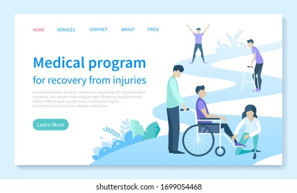 Physiotherapy and rehab clinic patient on wheelchair landing web page template vector. Injury recovery program and rehabilitation center. Medical condition stabilization, website illustration