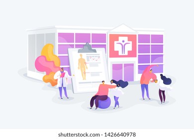 Physiotherapy and rehab clinic patients exercising. Rehabilitation center, rehabilitation hospital, stabilization of medical conditions concept. Vector isolated concept creative illustration