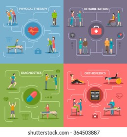 Physiotherapy rehabilitation 2x2 flat design concept set of orthopedic exercises medical diagnostics geriatric and palliative care icons vector illustration  