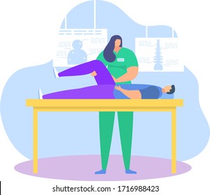 Physiotherapy rehabilitation assistance vector illustration. Cartoon flat patient character on physical rehabilitating therapy with physiotherapist doctor, sport exercise in gym icon isolated on white