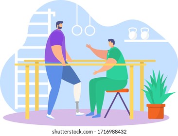 Physiotherapy rehabilitation assistance vector illustration. Cartoon flat patient character on physical rehabilitating therapy with physiotherapist doctor, sport exercise in gym icon isolated on white