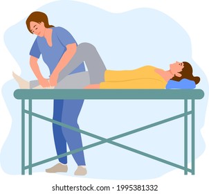 Physiotherapy rehabilitation assistance vector illustration.  Patient lying on massage table therapist doing healing treatment massaging injured foot manual physical therapy rehabilitation concept