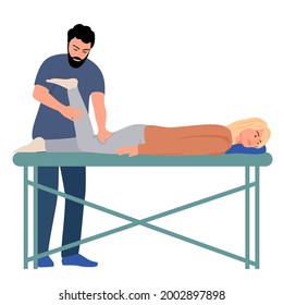 Physiotherapy Rehabilitation Assistance Vector Illustration.  Patient Lying On Massage Table Therapist Doing Healing Treatment Massaging Injured Foot Manual Physical Therapy Rehabilitation Concept