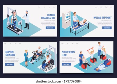 Physiotherapy rehabilitation clinic concept 4 isometric compositions with massage treatment disabled exercises equipment web page vector illustration 