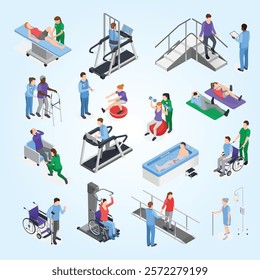 Physiotherapy rehabilitation clinic isometric elements set with nursing staff treatment equipment simulators patient recovery