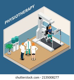 Physiotherapy rehabilitation composition with group of doctors and patient doing physical exercises with medical appliance 3d isometric vector illustration