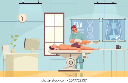 Physiotherapy rehabilitation composition with indoor view of hospital room with characters of patient and medical specialist vector illustration