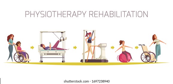 Physiotherapy Rehabilitation Composition With Set Of Human Characters Doing Physical Exercises With Medical Appliances And Arrows Vector Illustration