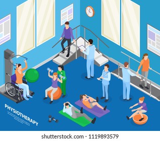 Physiotherapy Rehabilitation Facility Clinic Exercise Hall Speeding Recovery Physical Activities With Therapist Session Isometric Composition Vector Illustration 