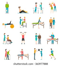 Physiotherapy rehabilitation flat color icons with doctor nurse and patients involved in physical exercises massage and chiropractic isolated vector illustration    svg