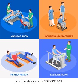 Physiotherapy rehabilitation icons isometric 2x2 design concept with images of apparatus for physical therapy and people vector illustration