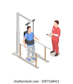 Physiotherapy rehabilitation icons isometric composition with human characters of doctor and patient with physiotherapeutical equipment apparatus vector illustration