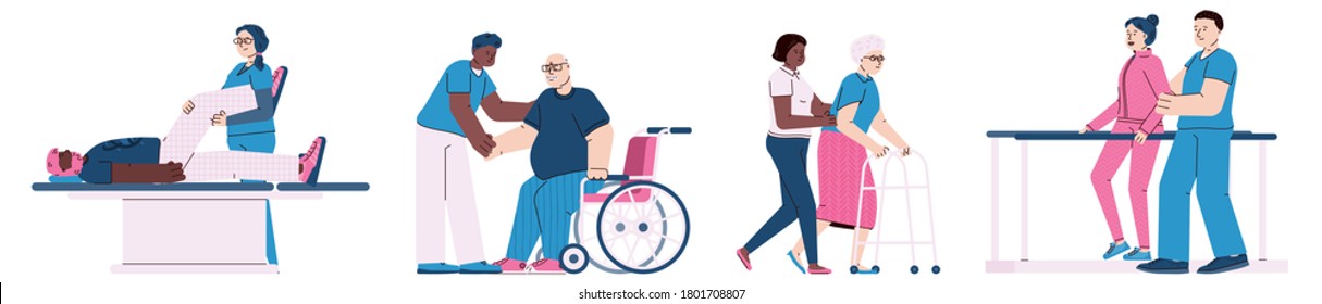 Physiotherapy and rehabilitation of injured people horizontal banner, flat cartoon vector illustration. Rehabilitation center with medical staff and patients.