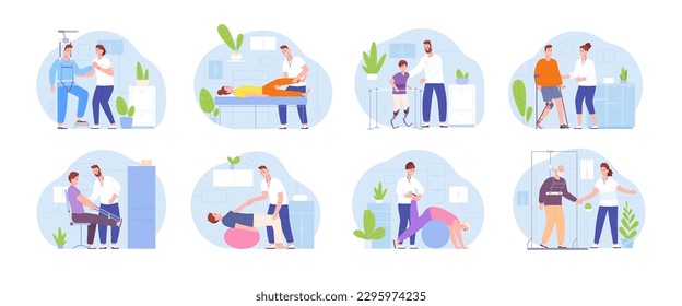 Physiotherapy rehabilitation. Injury recovery for knee trauma or orthopedic illness rehab, nurse care disabled people on wheelchair in prehab center, vector illustration of recovery and physiotherapy