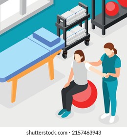Physiotherapy and rehabilitation isometric background with physical exercise symbols vector illustration
