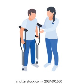 Physiotherapy rehabilitation isometric composition with female medical specialist assisting man to step on crutches vector illustration