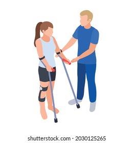 Physiotherapy rehabilitation isometric composition with girl standing on crutches and assisting doctor vector illustration