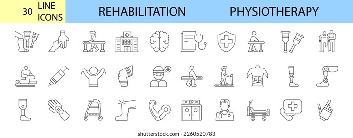 Physiotherapy, rehabilitation, prosthetics line icons set. editable stroke Vector illustration svg
