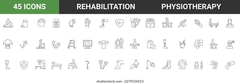 Physiotherapy, rehabilitation, prosthetics line icons set. editable stroke Vector illustration svg