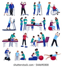 Physiotherapy rehabilitation sessions for people with cardiovascular geriatric and neurological disorders flat icons collection isolated vector illustration 