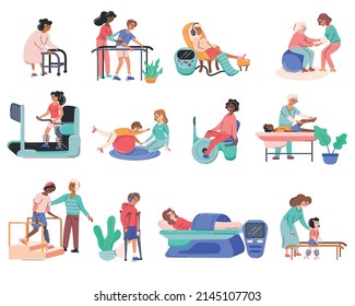 Physiotherapy And Rehabilitation Set With Therapeutic Care Symbols Flat Isolated Vector Illustration