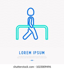 Physiotherapy or rehabilitation thin line icon: man training to walk. Modern vector illustration.