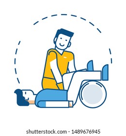 Physiotherapy And Rehabilitation Treatment Isolated Icon, Patient And Physiotherapist Vector. Exercising And Legs Training, Medicine And Healthcare. Injury Or Trauma, Medical Equipment Or Trainer