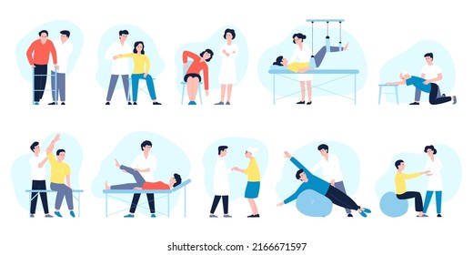 Physiotherapy. Rehabilitation work, recovery knee after injury. Medical nurse and patient, doctors with elders and disabled persons. Healthcare recent vector set