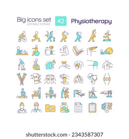 Physiotherapy RGB color icons set. Physical therapy. Rehabilitation exercise. Pain management. Post surgery. Isolated vector illustrations. Simple filled line drawings collection. Editable stroke