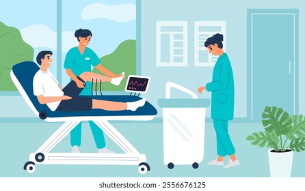 Physiotherapy room. Doctors work with patient. Injured leg development. Restoration of mobility. Rehabilitation process. Medical massage. Treatment procedure. Garish