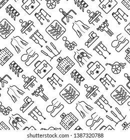 Physiotherapy seamless pattern with thin line icons: rehabilitation, physiotherapist, acupuncture, massage, go-carts, vertebrae, x-ray, trauma, crutches, wheelchair. Vector illustration.
