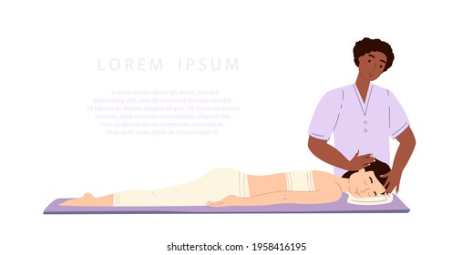 Physiotherapy session.Male Afro American massagist or osteopath massaging neck and head area to female client vector flat illustration. Dark skinned Black Man doctor or physiotherapist making massage.