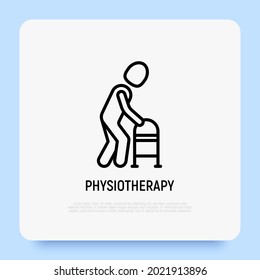 Dünnliniensymbol für Physiotherapie: Mann mit medizinischen Lauflernern. Moderne Vektorgrafik.