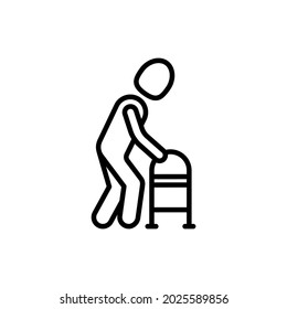 Physiotherapy thin line icon: man with medical walkers. Modern vector illustration.