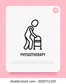 Icono de línea delgada de fisioterapia: hombre con caminantes médicos. Ilustración vectorial moderna.