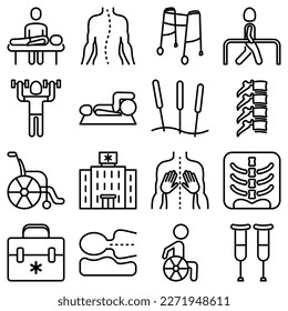 Physiotherapy thin line icons set: rehabilitation, physiotherapist, acupuncture, massage, gymnastics, go-carts, vertebrae; x-ray, trauma, crutches, wheelchair, orthopedic pillow. Vector illustration.