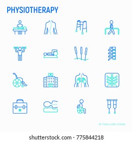 Physiotherapy thin line icons set: rehabilitation, physiotherapist, acupuncture, massage, gymnastics, go-carts, vertebrae; x-ray, trauma, crutches, wheelchair, orthopedic pillow. Vector illustration.