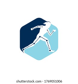 Vector de plantilla de diseño de tratamiento fisioterapéutico con corredora hembra. Logo de la clínica de fisioterapia.