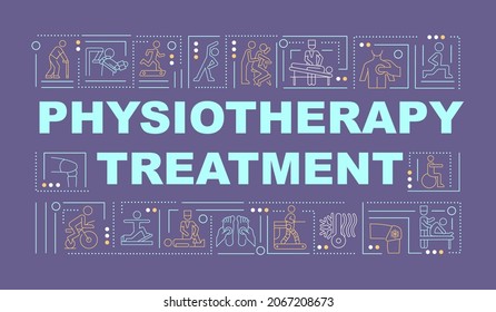 Physiotherapy treatment purple word concepts banner. Physical health. Infographics with linear icons on green background. Isolated creative typography. Vector outline color illustration with text