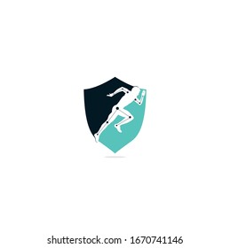 Physiotherapy treatment shield shape concept design template vector with people run. Colorful vector health. Physiotherapy clinic logo. Physiotherapy logo	