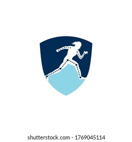 Fisioterapia de la forma del escudo de tratamiento de la forma del concepto de diseño del logo vector con corredora hembra. logotipo de la clínica de fisioterapia.