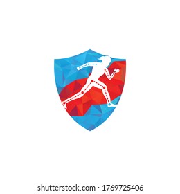 Physiotherapy treatment shield shape concept logo design template vector with female runner. physiotherapy clinic logo.