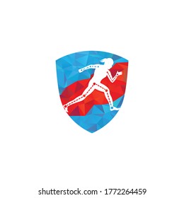 Physiotherapy treatment shield shape concept logo design template vector with female runner. 