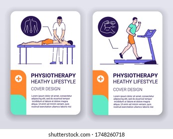 Plantilla de folletos de anuncios web de fisioterapia. El doctor hace masajes con paciente y entrenamiento cardiovascular. Diseño de impresión con ilustraciones lineales caricatura sobre fondo turquesa