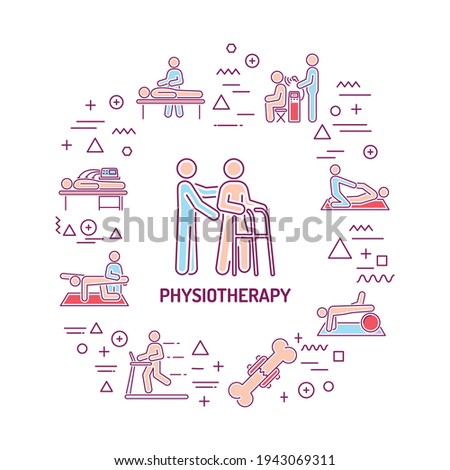 Physiotherapy web banner. Infographics with linear icons on white background. Creative idea concept. Isolated outline color illustration. Vector illustration
